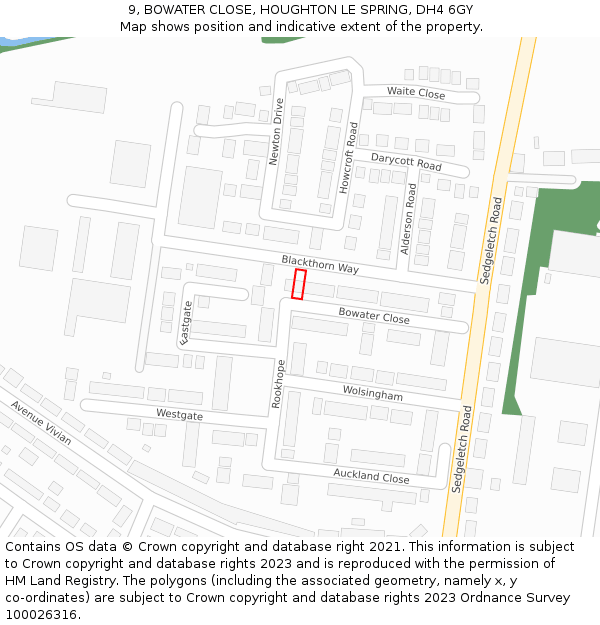 9, BOWATER CLOSE, HOUGHTON LE SPRING, DH4 6GY: Location map and indicative extent of plot