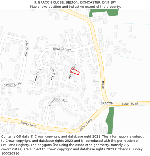 9, BRACON CLOSE, BELTON, DONCASTER, DN9 1RY: Location map and indicative extent of plot