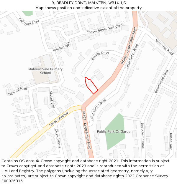 9, BRADLEY DRIVE, MALVERN, WR14 1JS: Location map and indicative extent of plot