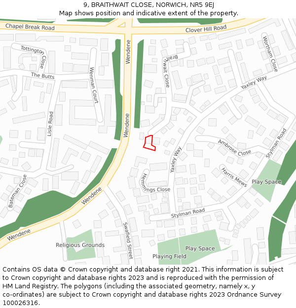 9, BRAITHWAIT CLOSE, NORWICH, NR5 9EJ: Location map and indicative extent of plot