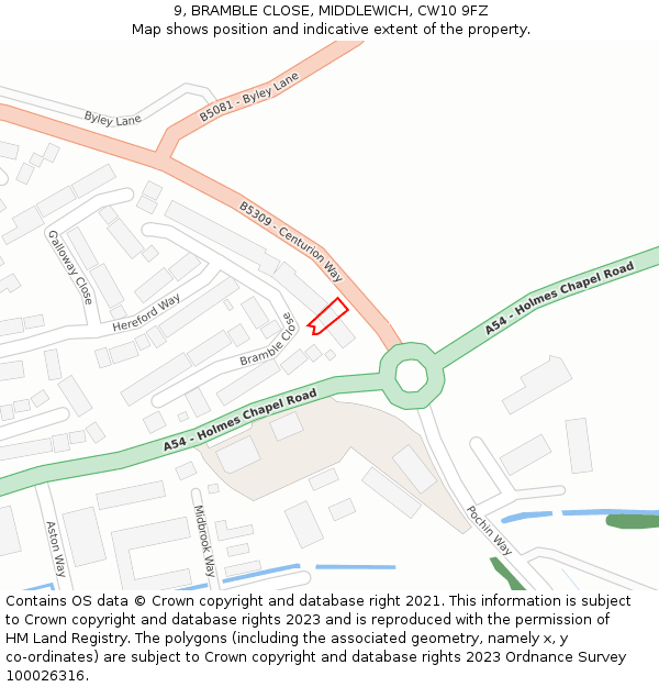 9, BRAMBLE CLOSE, MIDDLEWICH, CW10 9FZ: Location map and indicative extent of plot