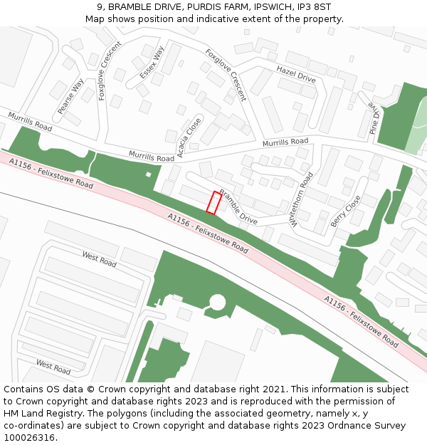 9, BRAMBLE DRIVE, PURDIS FARM, IPSWICH, IP3 8ST: Location map and indicative extent of plot