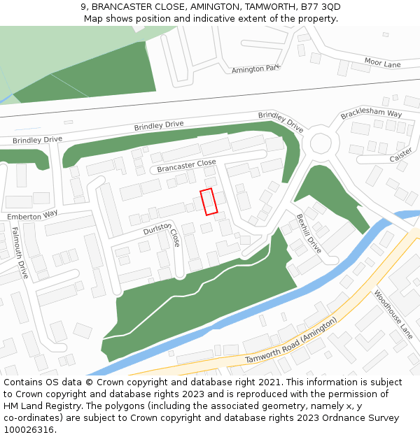 9, BRANCASTER CLOSE, AMINGTON, TAMWORTH, B77 3QD: Location map and indicative extent of plot