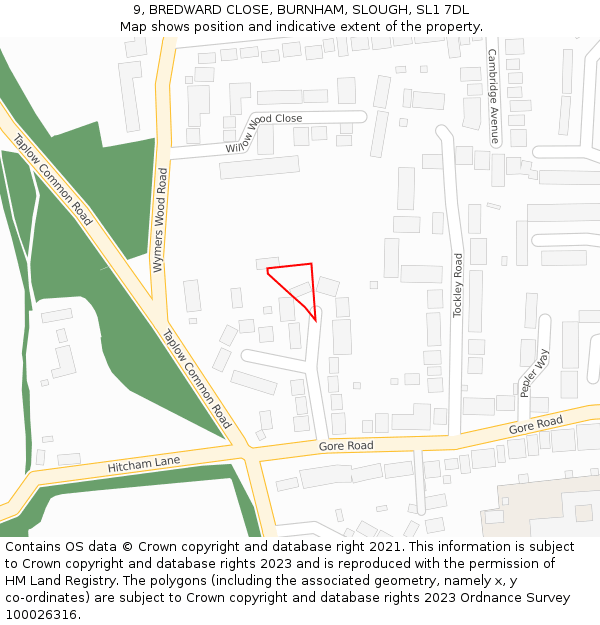 9, BREDWARD CLOSE, BURNHAM, SLOUGH, SL1 7DL: Location map and indicative extent of plot