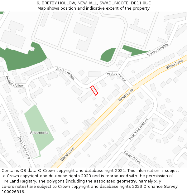 9, BRETBY HOLLOW, NEWHALL, SWADLINCOTE, DE11 0UE: Location map and indicative extent of plot