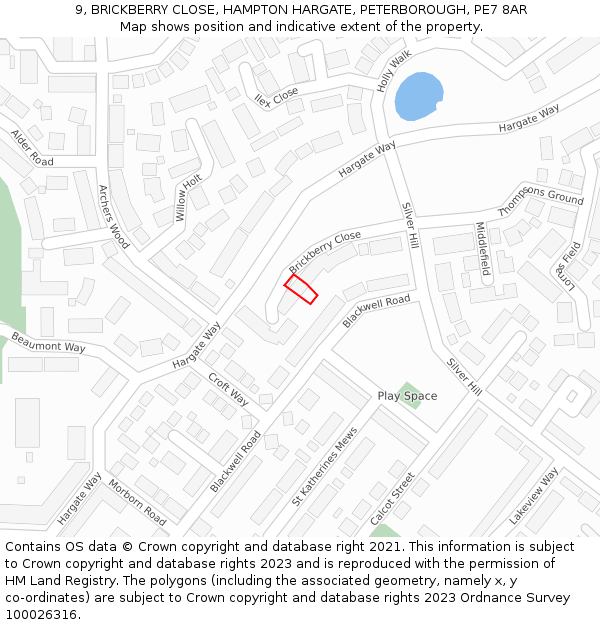 9, BRICKBERRY CLOSE, HAMPTON HARGATE, PETERBOROUGH, PE7 8AR: Location map and indicative extent of plot