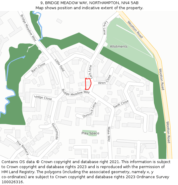 9, BRIDGE MEADOW WAY, NORTHAMPTON, NN4 5AB: Location map and indicative extent of plot