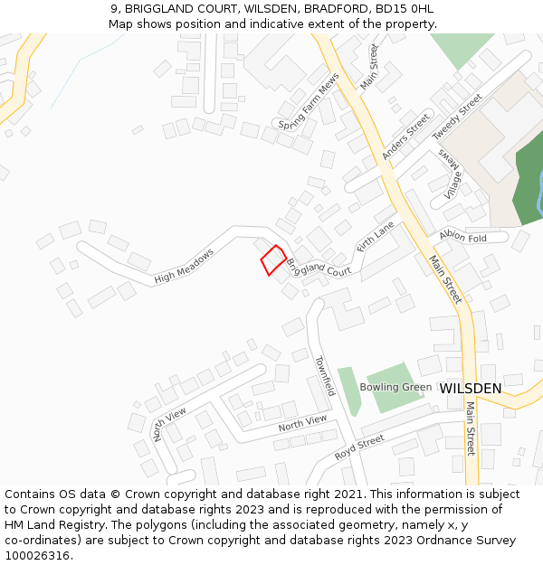 9, BRIGGLAND COURT, WILSDEN, BRADFORD, BD15 0HL: Location map and indicative extent of plot