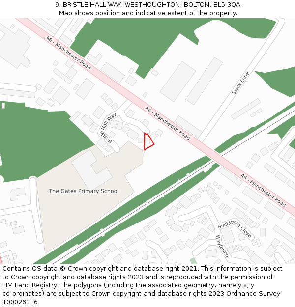 9, BRISTLE HALL WAY, WESTHOUGHTON, BOLTON, BL5 3QA: Location map and indicative extent of plot
