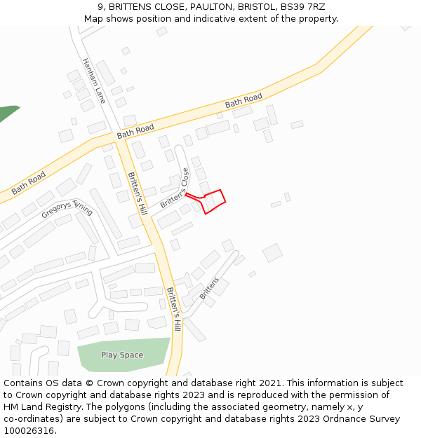 9, BRITTENS CLOSE, PAULTON, BRISTOL, BS39 7RZ: Location map and indicative extent of plot