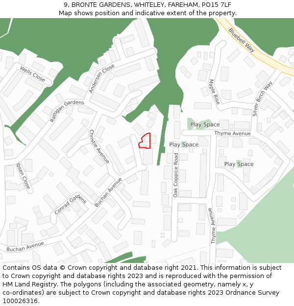 9, BRONTE GARDENS, WHITELEY, FAREHAM, PO15 7LF: Location map and indicative extent of plot