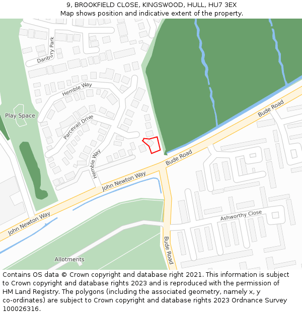 9, BROOKFIELD CLOSE, KINGSWOOD, HULL, HU7 3EX: Location map and indicative extent of plot