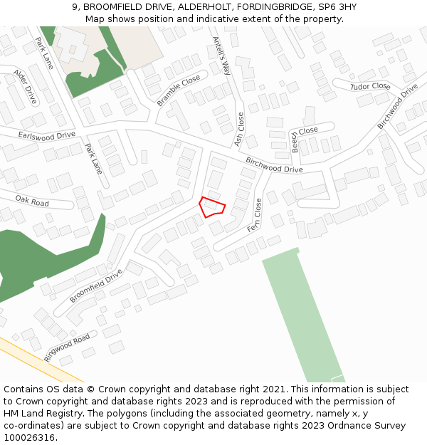 9, BROOMFIELD DRIVE, ALDERHOLT, FORDINGBRIDGE, SP6 3HY: Location map and indicative extent of plot