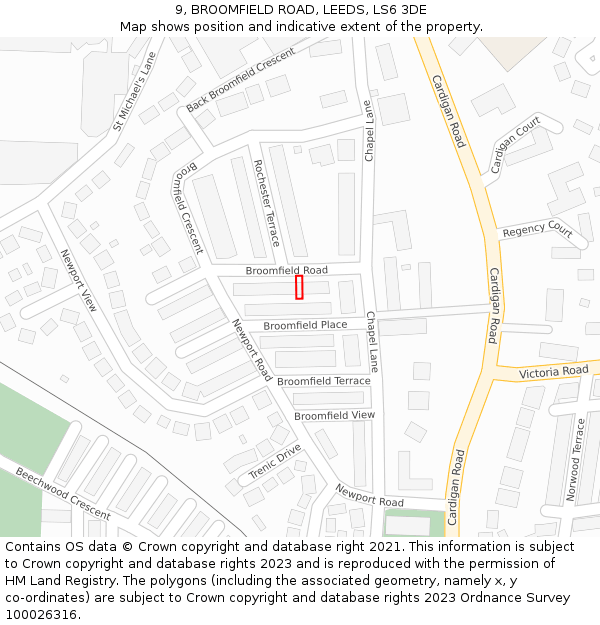 9, BROOMFIELD ROAD, LEEDS, LS6 3DE: Location map and indicative extent of plot