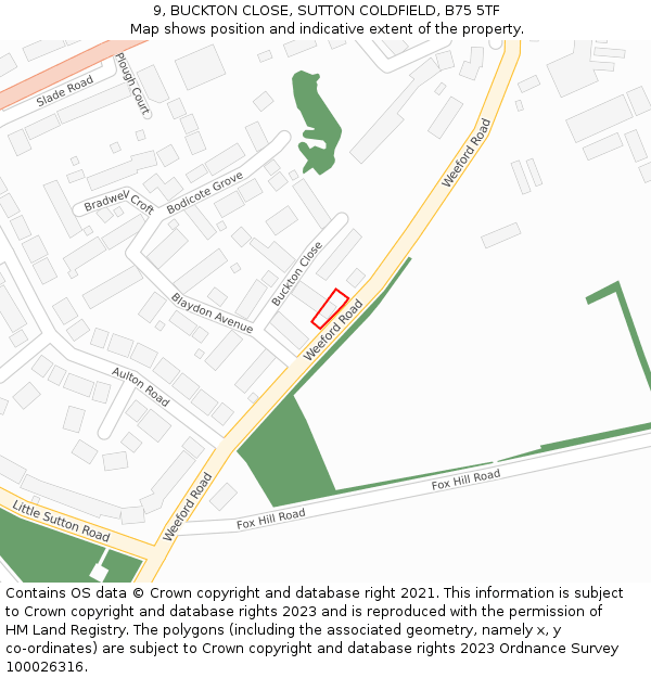 9, BUCKTON CLOSE, SUTTON COLDFIELD, B75 5TF: Location map and indicative extent of plot