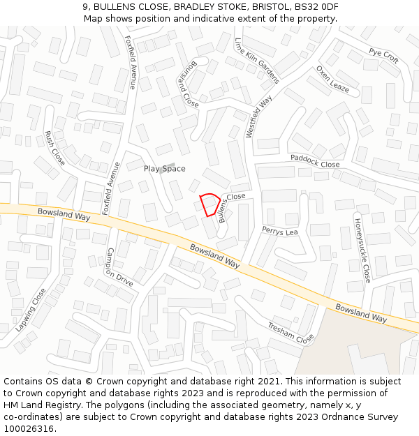 9, BULLENS CLOSE, BRADLEY STOKE, BRISTOL, BS32 0DF: Location map and indicative extent of plot