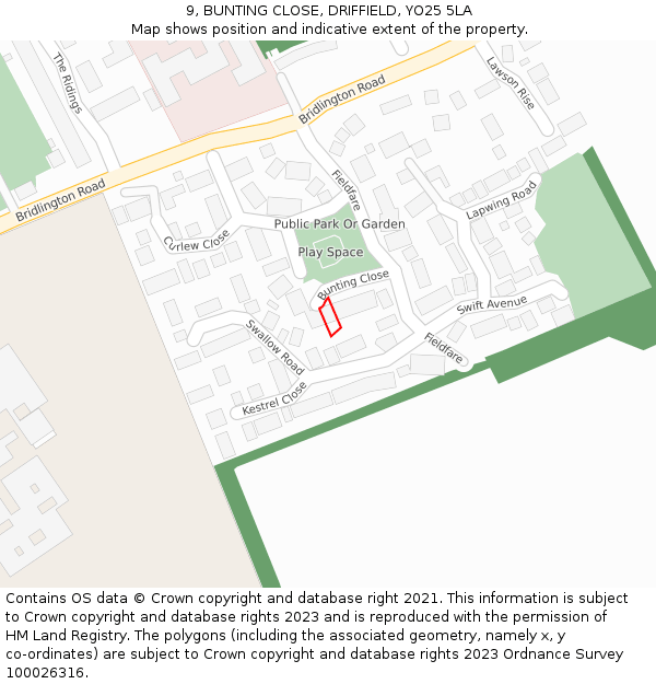 9, BUNTING CLOSE, DRIFFIELD, YO25 5LA: Location map and indicative extent of plot