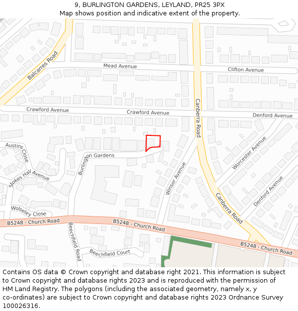 9, BURLINGTON GARDENS, LEYLAND, PR25 3PX: Location map and indicative extent of plot