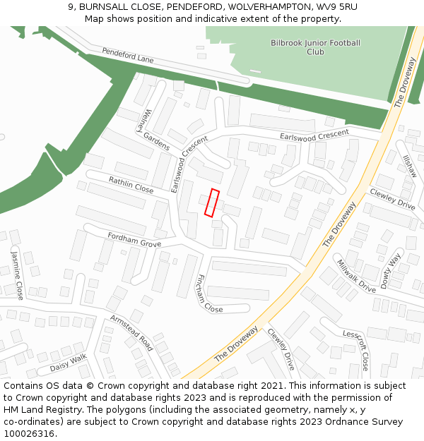 9, BURNSALL CLOSE, PENDEFORD, WOLVERHAMPTON, WV9 5RU: Location map and indicative extent of plot