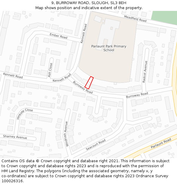 9, BURROWAY ROAD, SLOUGH, SL3 8EH: Location map and indicative extent of plot
