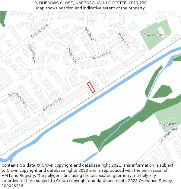 9, BURROWS CLOSE, NARBOROUGH, LEICESTER, LE19 2RG: Location map and indicative extent of plot