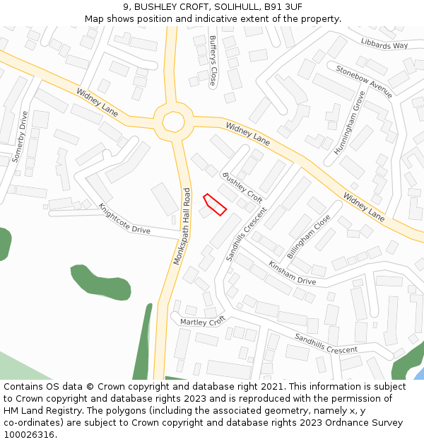 9, BUSHLEY CROFT, SOLIHULL, B91 3UF: Location map and indicative extent of plot
