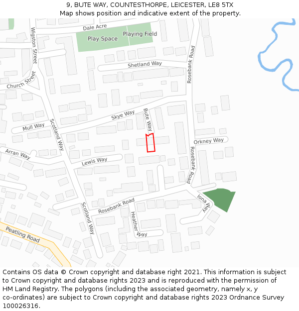 9, BUTE WAY, COUNTESTHORPE, LEICESTER, LE8 5TX: Location map and indicative extent of plot