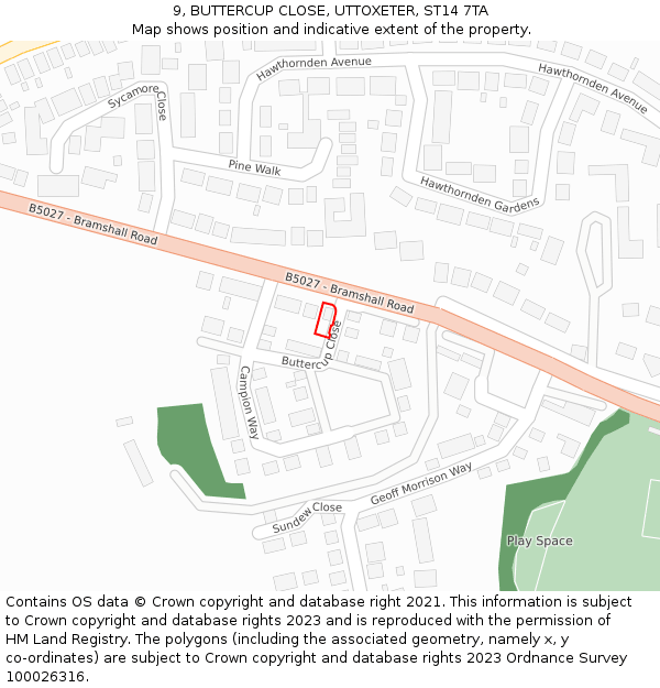 9, BUTTERCUP CLOSE, UTTOXETER, ST14 7TA: Location map and indicative extent of plot