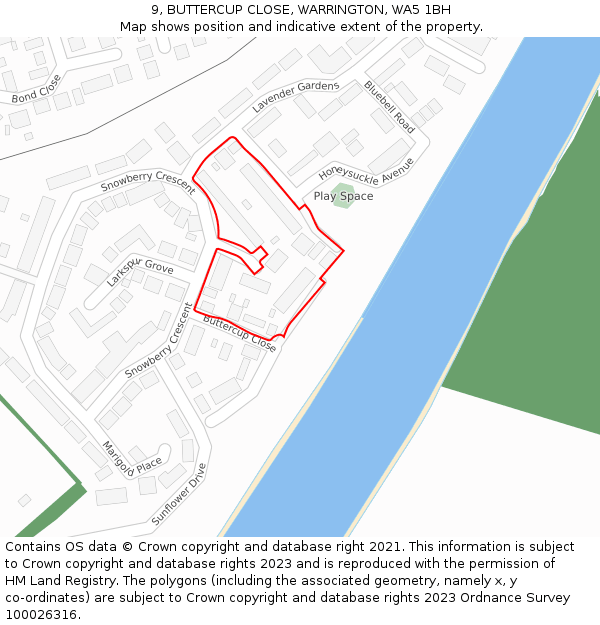 9, BUTTERCUP CLOSE, WARRINGTON, WA5 1BH: Location map and indicative extent of plot