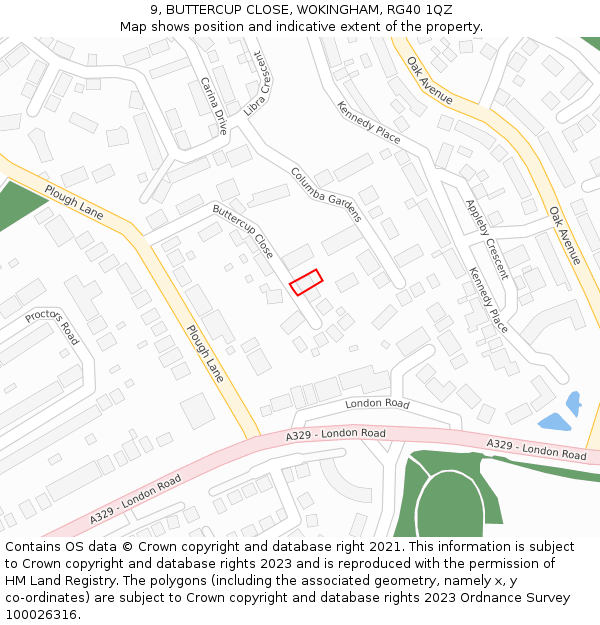 9, BUTTERCUP CLOSE, WOKINGHAM, RG40 1QZ: Location map and indicative extent of plot