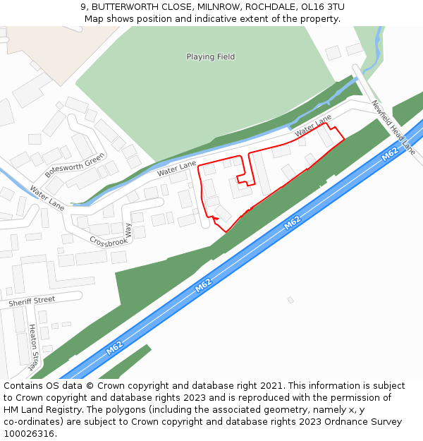 9, BUTTERWORTH CLOSE, MILNROW, ROCHDALE, OL16 3TU: Location map and indicative extent of plot