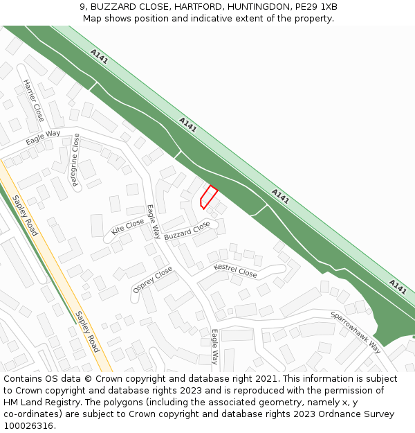 9, BUZZARD CLOSE, HARTFORD, HUNTINGDON, PE29 1XB: Location map and indicative extent of plot