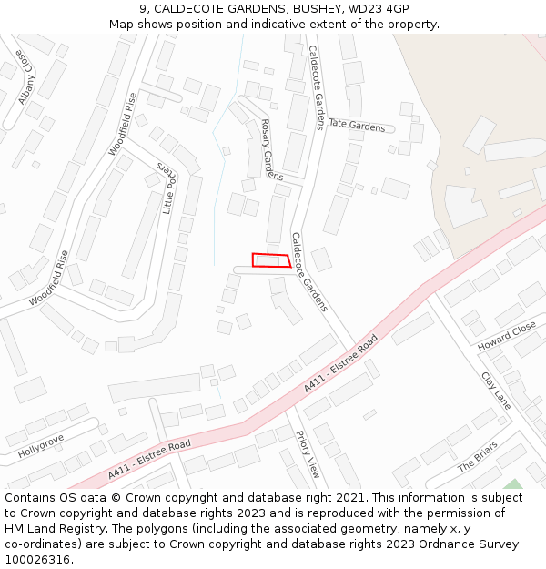 9, CALDECOTE GARDENS, BUSHEY, WD23 4GP: Location map and indicative extent of plot
