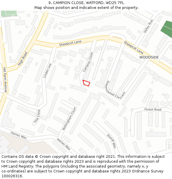 9, CAMPION CLOSE, WATFORD, WD25 7PL: Location map and indicative extent of plot