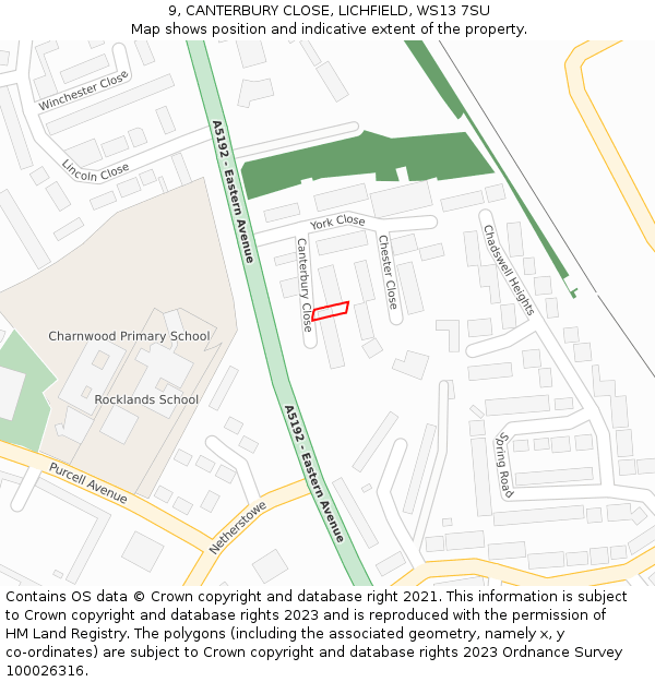 9, CANTERBURY CLOSE, LICHFIELD, WS13 7SU: Location map and indicative extent of plot