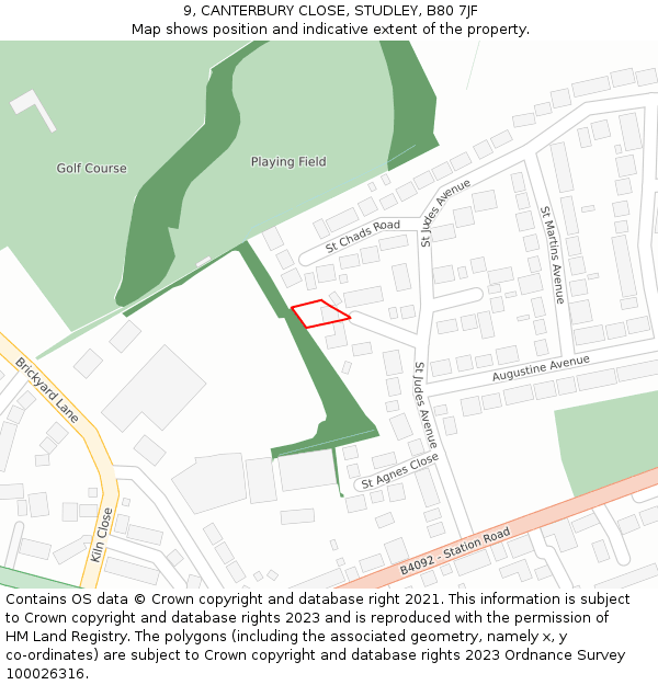 9, CANTERBURY CLOSE, STUDLEY, B80 7JF: Location map and indicative extent of plot