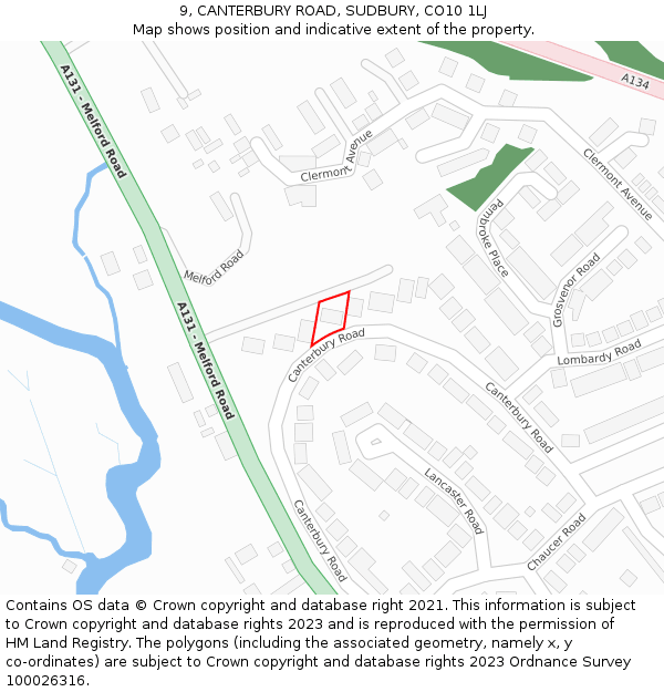 9, CANTERBURY ROAD, SUDBURY, CO10 1LJ: Location map and indicative extent of plot