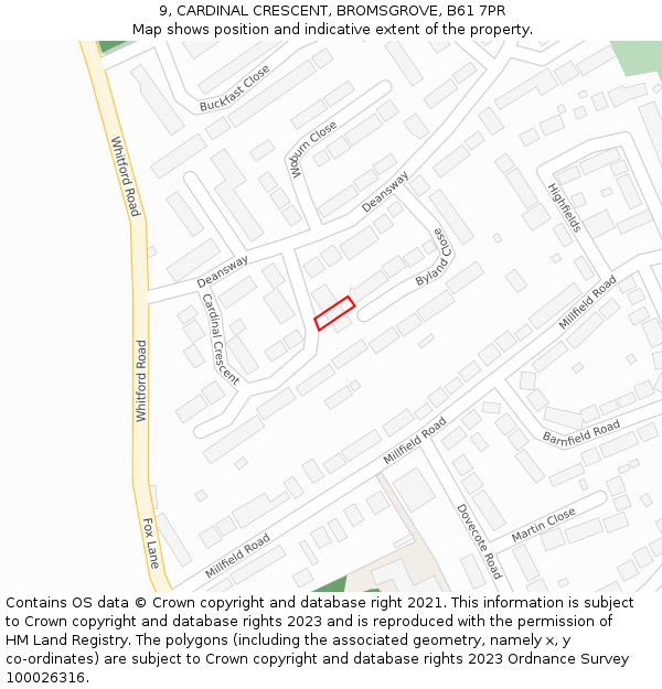 9, CARDINAL CRESCENT, BROMSGROVE, B61 7PR: Location map and indicative extent of plot