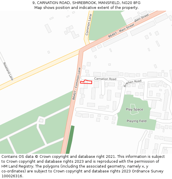 9, CARNATION ROAD, SHIREBROOK, MANSFIELD, NG20 8FG: Location map and indicative extent of plot
