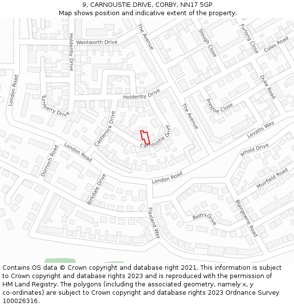 9, CARNOUSTIE DRIVE, CORBY, NN17 5GP: Location map and indicative extent of plot