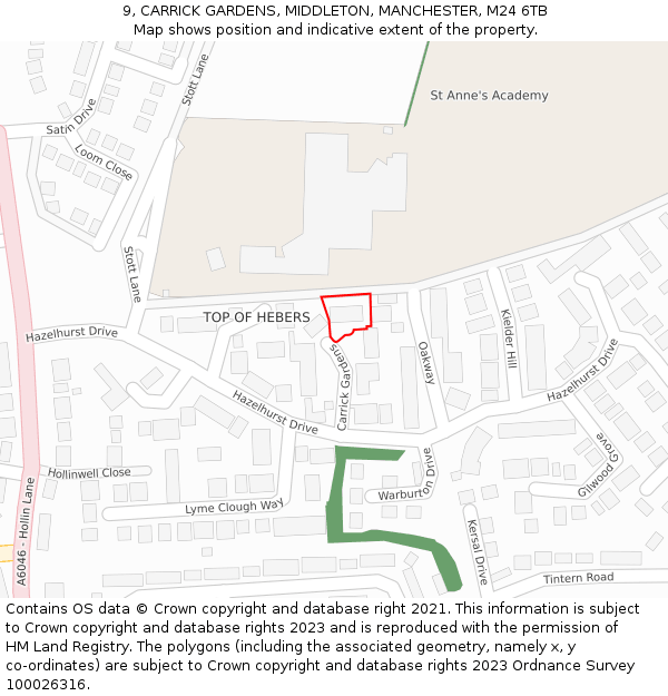 9, CARRICK GARDENS, MIDDLETON, MANCHESTER, M24 6TB: Location map and indicative extent of plot