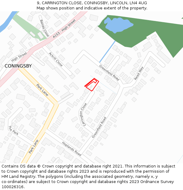 9, CARRINGTON CLOSE, CONINGSBY, LINCOLN, LN4 4UG: Location map and indicative extent of plot
