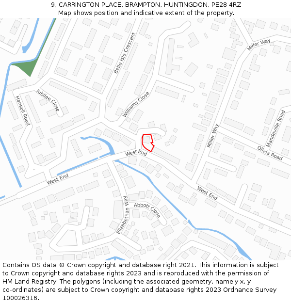 9, CARRINGTON PLACE, BRAMPTON, HUNTINGDON, PE28 4RZ: Location map and indicative extent of plot