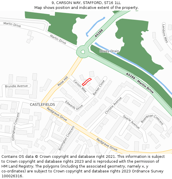 9, CARSON WAY, STAFFORD, ST16 1LL: Location map and indicative extent of plot