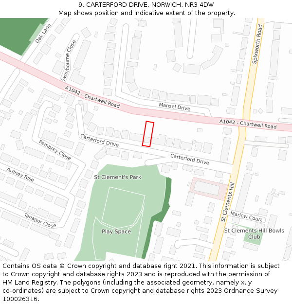 9, CARTERFORD DRIVE, NORWICH, NR3 4DW: Location map and indicative extent of plot