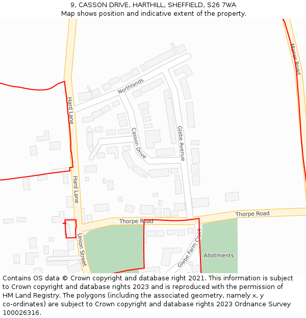 9, CASSON DRIVE, HARTHILL, SHEFFIELD, S26 7WA: Location map and indicative extent of plot
