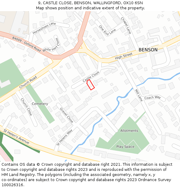 9, CASTLE CLOSE, BENSON, WALLINGFORD, OX10 6SN: Location map and indicative extent of plot