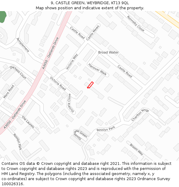 9, CASTLE GREEN, WEYBRIDGE, KT13 9QL: Location map and indicative extent of plot