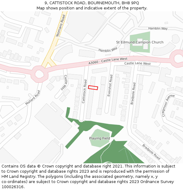 9, CATTISTOCK ROAD, BOURNEMOUTH, BH8 9PQ: Location map and indicative extent of plot