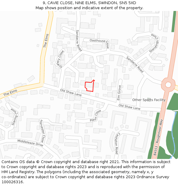 9, CAVIE CLOSE, NINE ELMS, SWINDON, SN5 5XD: Location map and indicative extent of plot
